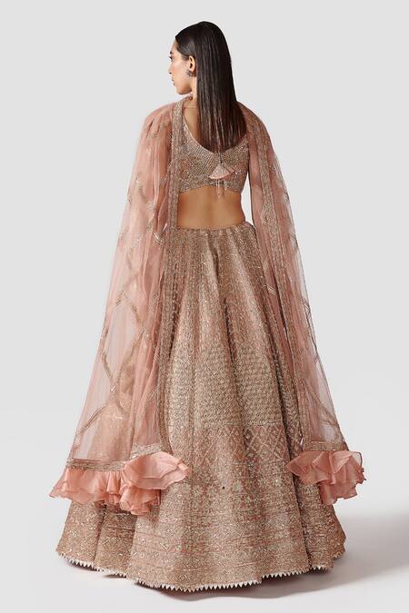 Shop Swati Narula Peach Dupatta Net, Lehenga And Blouse Organza Nasrin Embroidered Bridal Set at Aza Fashions Shop_Swati Narula_Peach Dupatta Net, Lehenga And Blouse Organza Nasrin Embroidered Bridal Set _at_Aza_Fashions