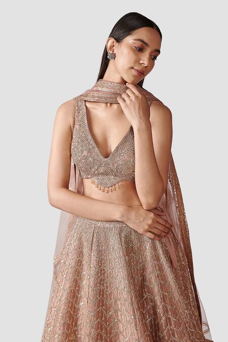 Shop Swati Narula Peach Dupatta Net, Lehenga And Blouse Organza Nasrin Embroidered Bridal Set Shop_Swati Narula_Peach Dupatta Net, Lehenga And Blouse Organza Nasrin Embroidered Bridal Set