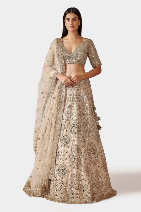 Swati Narula_Gold Dupatta Net, Lehenga And Blouse Tissue Mirror Dina Embroidered Bridal Set _Online_at_Aza_Fashions