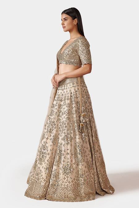 Buy_Swati Narula_Gold Dupatta Net, Lehenga And Blouse Tissue Mirror Dina Embroidered Bridal Set _Online_at_Aza_Fashions