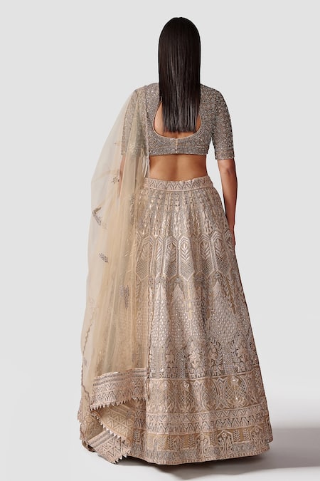 Shop Swati Narula Gold Dupatta Net, Lehenga And Blouse Organza Leather Bahar Bridal Set at Aza Fashions Shop_Swati Narula_Gold Dupatta Net, Lehenga And Blouse Organza Leather Bahar Bridal Set _at_Aza_Fashions
