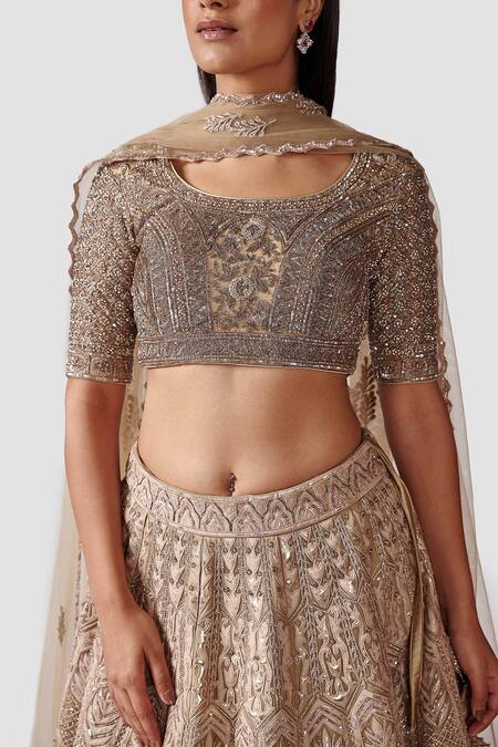 Shop Swati Narula Gold Dupatta Net, Lehenga And Blouse Organza Leather Bahar Bridal Set Online at Aza Fashions Shop_Swati Narula_Gold Dupatta Net, Lehenga And Blouse Organza Leather Bahar Bridal Set _Online_at_Aza_Fashions