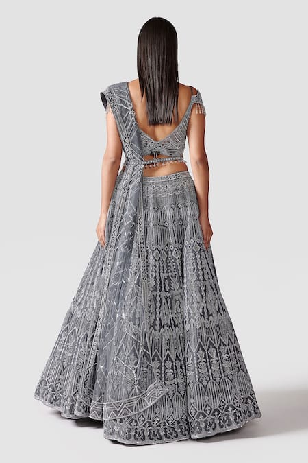 Shop Swati Narula Grey Dupatta Net, Lehenga And Blouse Organza Elahe Hand Embroidered Set at Aza Fashions Shop_Swati Narula_Grey Dupatta Net, Lehenga And Blouse Organza Elahe Hand Embroidered Set _at_Aza_Fashions