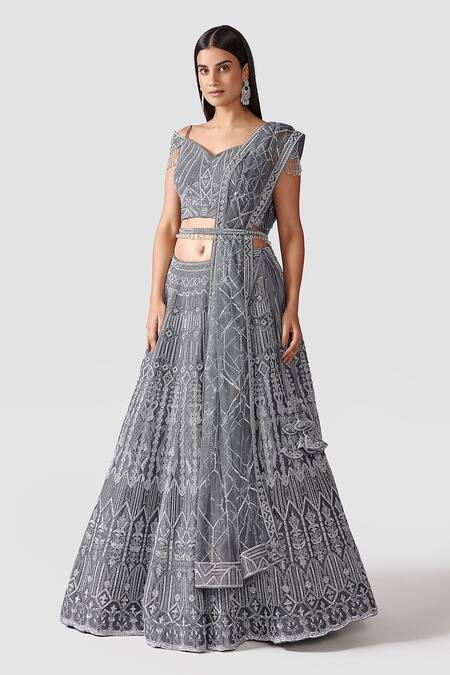 Swati Narula Grey Dupatta Net, Lehenga And Blouse Organza Elahe Hand Embroidered Set Online at Aza Fashions Swati Narula_Grey Dupatta Net, Lehenga And Blouse Organza Elahe Hand Embroidered Set _Online_at_Aza_Fashions
