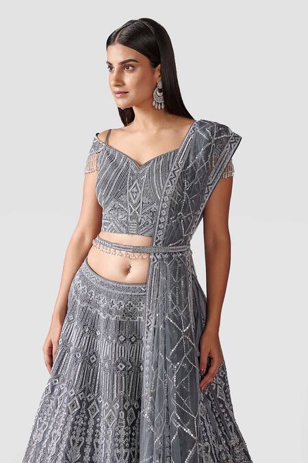 Shop Swati Narula Grey Dupatta Net, Lehenga And Blouse Organza Elahe Hand Embroidered Set Online at Aza Fashions Shop_Swati Narula_Grey Dupatta Net, Lehenga And Blouse Organza Elahe Hand Embroidered Set _Online_at_Aza_Fashions