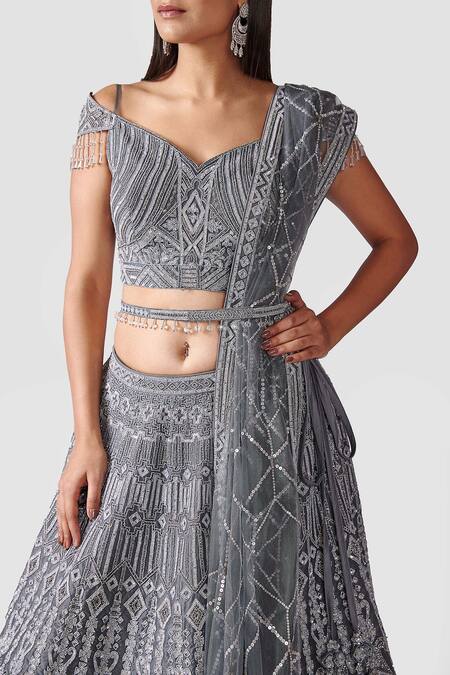 Swati Narula Grey Dupatta Net, Lehenga And Blouse Organza Elahe Hand Embroidered Set at Aza Fashions Swati Narula_Grey Dupatta Net, Lehenga And Blouse Organza Elahe Hand Embroidered Set _at_Aza_Fashions