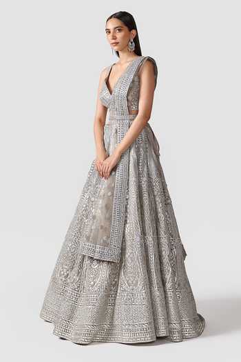 Swati Narula_Grey Nagma Leather Applique Lehenga Set_Online_at_Aza_Fashions