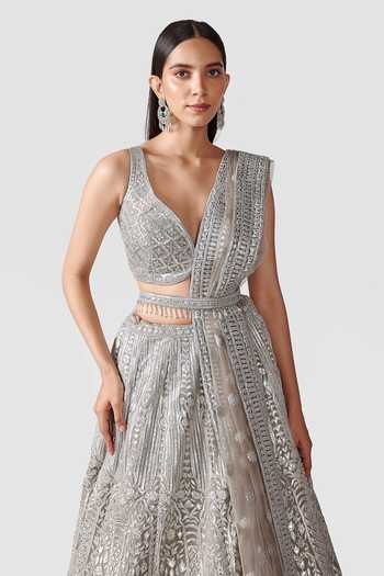 Buy_Swati Narula_Grey Nagma Leather Applique Lehenga Set_Online_at_Aza_Fashions