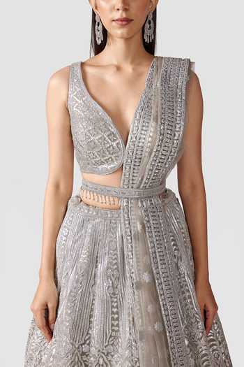 Shop_Swati Narula_Grey Nagma Leather Applique Lehenga Set_Online_at_Aza_Fashions