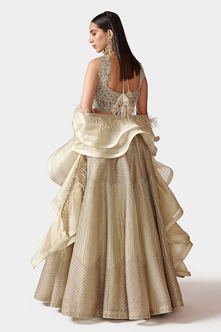 Shop Swati Narula Green Organza Chevron Pattern Scoop Neck Naz Gota Embroidered Lehenga Set at Aza Fashions Shop_Swati Narula_Green Organza Chevron Pattern Scoop Neck Naz Gota Embroidered Lehenga Set_at_Aza_Fashions