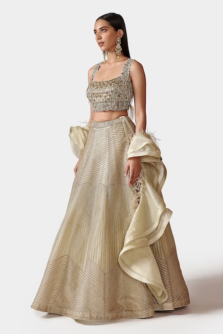 Swati Narula Green Organza Chevron Pattern Scoop Neck Naz Gota Embroidered Lehenga Set Online at Aza Fashions Swati Narula_Green Organza Chevron Pattern Scoop Neck Naz Gota Embroidered Lehenga Set_Online_at_Aza_Fashions