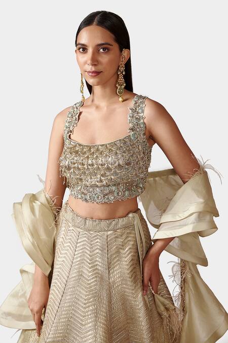 Buy Swati Narula Green Organza Chevron Pattern Scoop Neck Naz Gota Embroidered Lehenga Set Online at Aza Fashions Buy_Swati Narula_Green Organza Chevron Pattern Scoop Neck Naz Gota Embroidered Lehenga Set_Online_at_Aza_Fashions