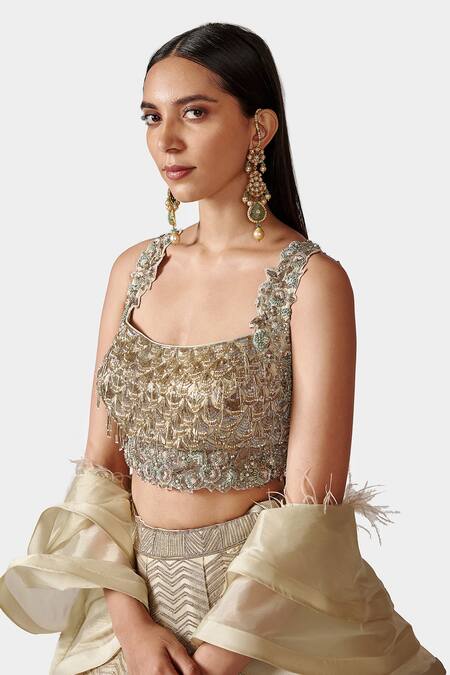 Shop Swati Narula Green Organza Chevron Pattern Scoop Neck Naz Gota Embroidered Lehenga Set Online at Aza Fashions Shop_Swati Narula_Green Organza Chevron Pattern Scoop Neck Naz Gota Embroidered Lehenga Set_Online_at_Aza_Fashions