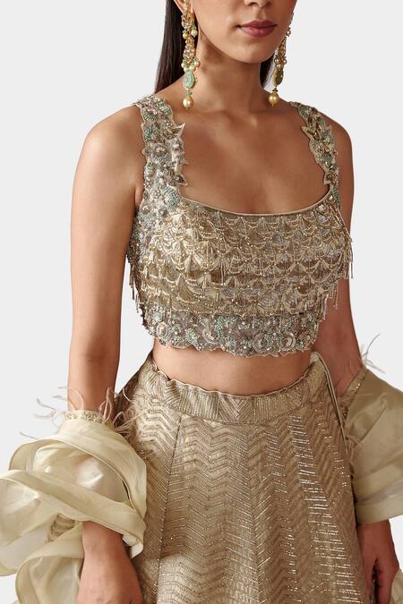 Swati Narula Green Organza Chevron Pattern Scoop Neck Naz Gota Embroidered Lehenga Set at Aza Fashions Swati Narula_Green Organza Chevron Pattern Scoop Neck Naz Gota Embroidered Lehenga Set_at_Aza_Fashions