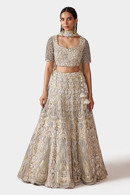 Swati Narula Ivory Net, Lining Raw Silk Faeezah Hand Embroidered Bridal Lehenga Set