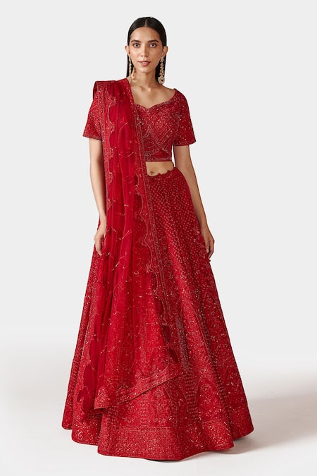 Swati Narula Red Organza And Net Embroidery Crystals Leaf Shaizen Bridal Lehenga Set  