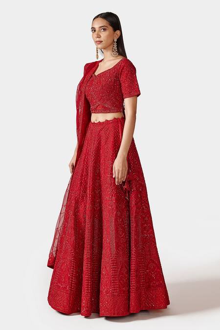 Swati Narula Red Organza And Net Pipes, Sequin, Shaizen Embroidered Bridal Lehenga Set Online at Aza Fashions Swati Narula_Red Organza And Net Pipes, Sequin, Shaizen Embroidered Bridal Lehenga Set_Online_at_Aza_Fashions