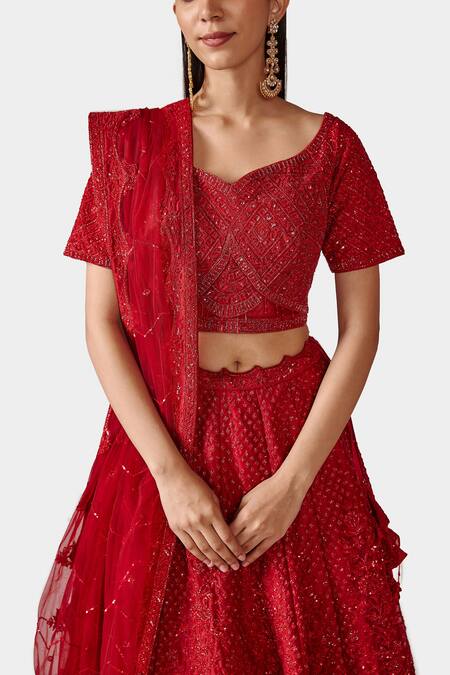 Shop Swati Narula Red Organza And Net Pipes, Sequin, Shaizen Embroidered Bridal Lehenga Set Online at Aza Fashions Shop_Swati Narula_Red Organza And Net Pipes, Sequin, Shaizen Embroidered Bridal Lehenga Set_Online_at_Aza_Fashions