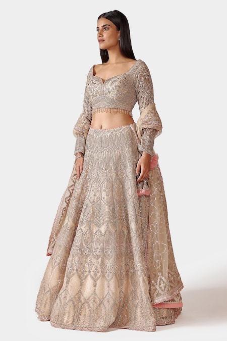 Swati Narula Peach Dupatta Net, Lehenga And Blouse Nazmin Hand Embroidered Bridal Set Online at Aza Fashions Swati Narula_Peach Dupatta Net, Lehenga And Blouse Nazmin Hand Embroidered Bridal Set_Online_at_Aza_Fashions