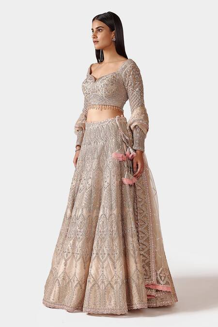 Shop Swati Narula Peach Dupatta Net, Lehenga And Blouse Nazmin Hand Embroidered Bridal Set Online at Aza Fashions Shop_Swati Narula_Peach Dupatta Net, Lehenga And Blouse Nazmin Hand Embroidered Bridal Set_Online_at_Aza_Fashions