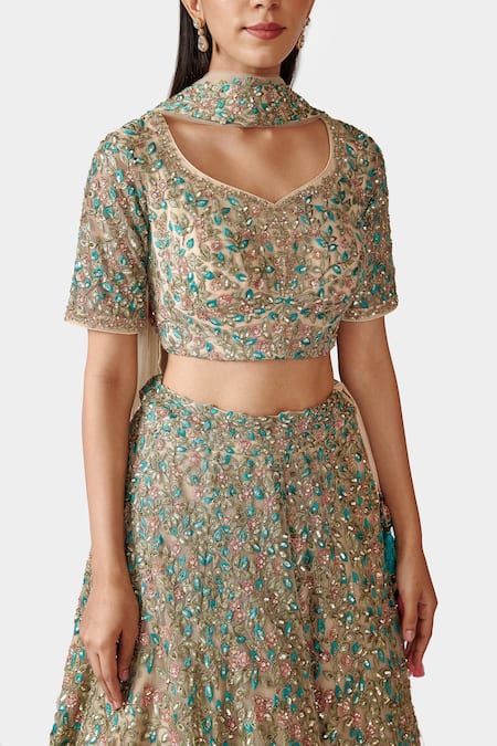 Shop_Swati Narula_Green Dupatta , Lehenga And Blouse Hena Garden Embroidered Bridal Set _Online_at_Aza_Fashions