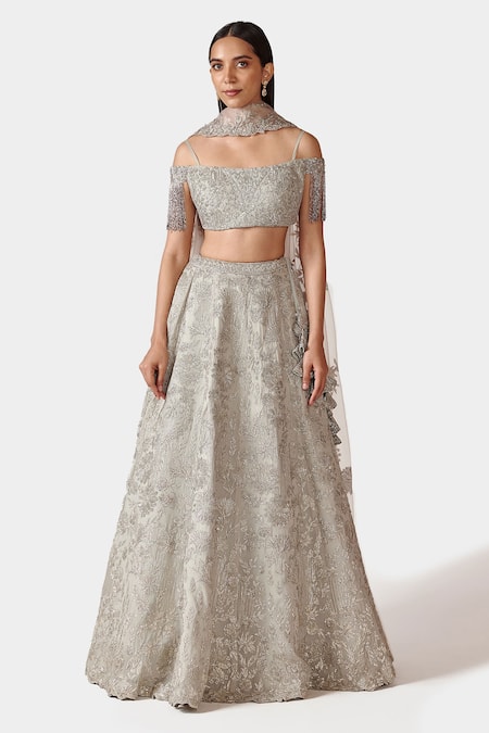 Swati Narula Grey Dupatta Net, Lehenga And Blouse Georgette Floral Nazah Embroidered Set