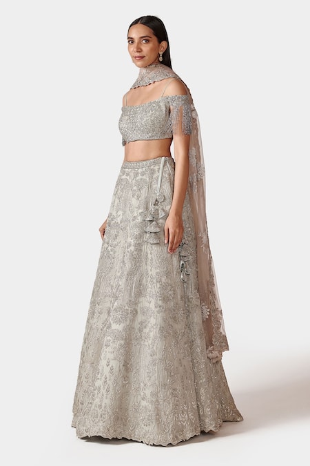 Shop Swati Narula Grey Dupatta Net, Lehenga And Blouse Georgette Floral Nazah Embroidered Set at Aza Fashions Shop_Swati Narula_Grey Dupatta Net, Lehenga And Blouse Georgette Floral Nazah Embroidered Set _at_Aza_Fashions