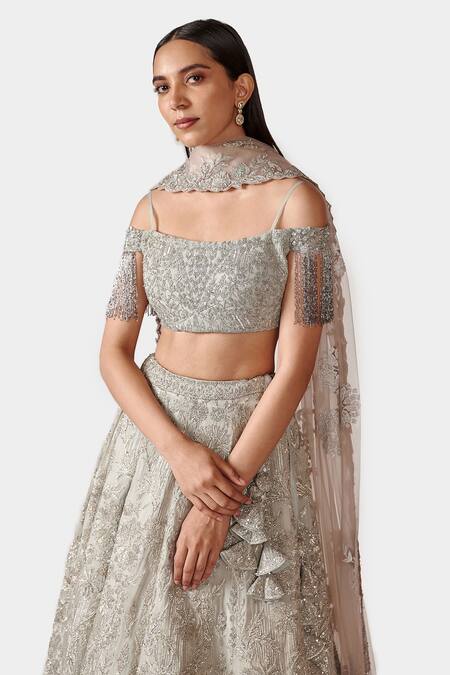 Swati Narula Grey Dupatta Net, Lehenga And Blouse Georgette Floral Nazah Embroidered Set Online at Aza Fashions Swati Narula_Grey Dupatta Net, Lehenga And Blouse Georgette Floral Nazah Embroidered Set _Online_at_Aza_Fashions