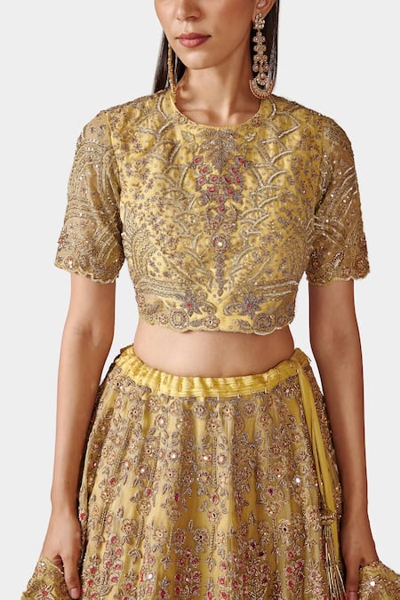 Shop Swati Narula Yellow Organza Floral Motifs Round Nazam Embroidered Bridal Lehenga Set Online at Aza Fashions Shop_Swati Narula_Yellow Organza Floral Motifs Round Nazam Embroidered Bridal Lehenga Set _Online_at_Aza_Fashions