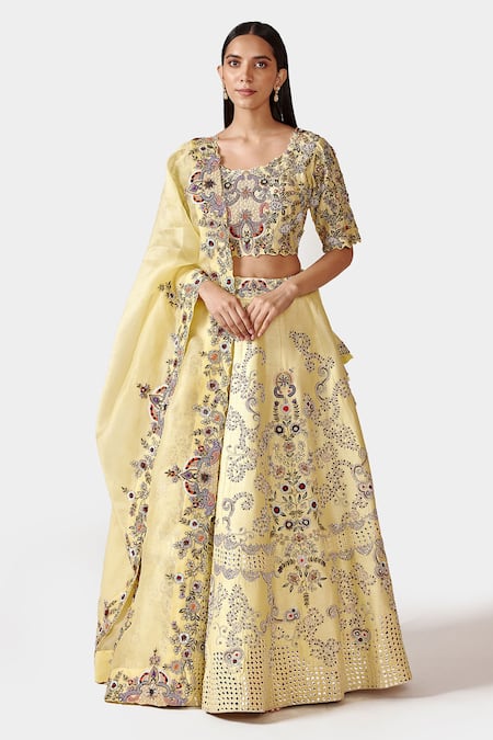 Swati Narula Yellow Raw Silk And Organza Gota Patti, Moti Shazma Embroidered Bridal Lehenga Set