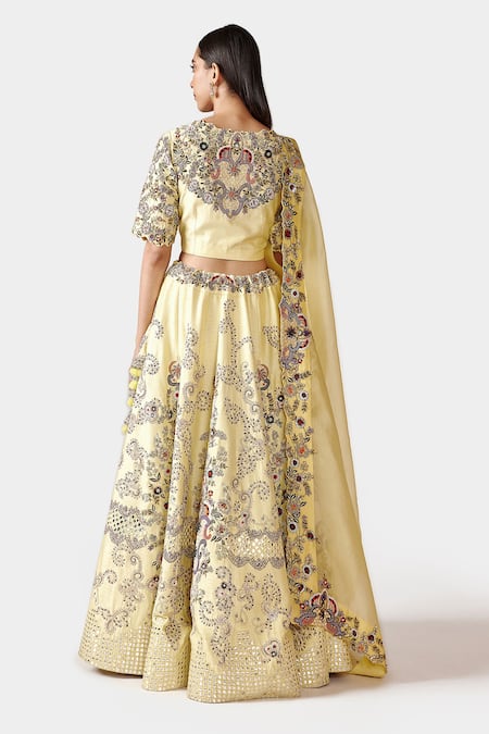 Shop Swati Narula Yellow Raw Silk And Organza Gota Patti, Moti Shazma Embroidered Bridal Lehenga Set at Aza Fashions Shop_Swati Narula_Yellow Raw Silk And Organza Gota Patti, Moti Shazma Embroidered Bridal Lehenga Set _at_Aza_Fashions
