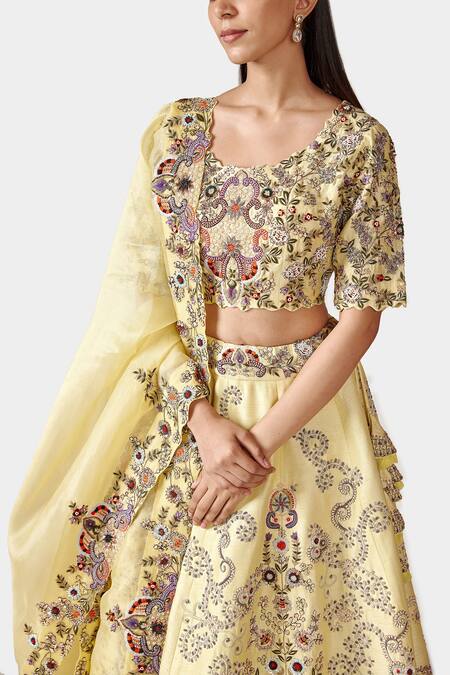 Shop Swati Narula Yellow Raw Silk And Organza Gota Patti, Moti Shazma Embroidered Bridal Lehenga Set Online at Aza Fashions Shop_Swati Narula_Yellow Raw Silk And Organza Gota Patti, Moti Shazma Embroidered Bridal Lehenga Set _Online_at_Aza_Fashions