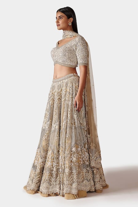 Swati Narula_Beige Net And Crepe Crystal, Pearls & Sequin, Sunat Embroidered Bridal Lehenga Set _Online_at_Aza_Fashions