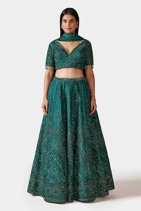 Swati Narula Green Organza And Net Embroidery & Applique Qabila Bridal Lehenga Set  