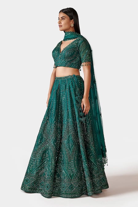 Swati Narula_Green Organza And Net Crystal, Beads, Qabila Embroidered Bridal Lehenga Set_Online_at_Aza_Fashions
