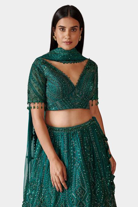 Buy_Swati Narula_Green Organza And Net Crystal, Beads, Qabila Embroidered Bridal Lehenga Set_Online_at_Aza_Fashions