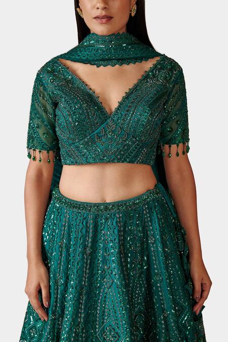Shop_Swati Narula_Green Organza And Net Crystal, Beads, Qabila Embroidered Bridal Lehenga Set_Online_at_Aza_Fashions