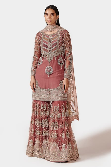 Swati Narula Purple Net Sequin, Dabka, Zardozi And Pitta Round Tarifa Kurta Gharara Set