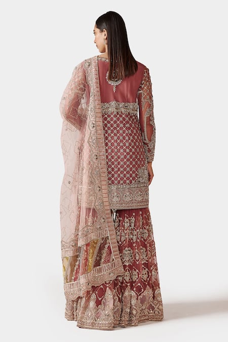 Shop Swati Narula Purple Net Sequin, Dabka, Zardozi And Pitta Round Tarifa Kurta Gharara Set at Aza Fashions Shop_Swati Narula_Purple Net Sequin, Dabka, Zardozi And Pitta Round Tarifa Kurta Gharara Set_at_Aza_Fashions