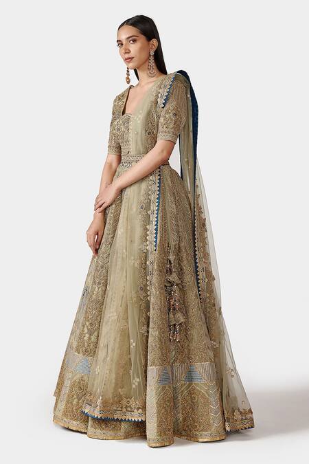 Buy_Swati Narula_Green Dupatta Net, Lehenga And Blouse Nazaneen Hand Embroidered Bridal Set _Online_at_Aza_Fashions