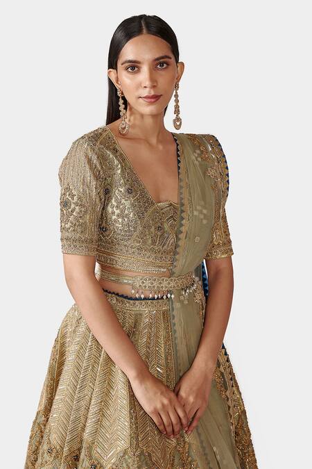 Shop_Swati Narula_Green Dupatta Net, Lehenga And Blouse Nazaneen Hand Embroidered Bridal Set _Online_at_Aza_Fashions