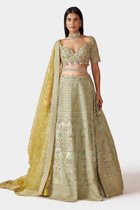 Swati Narula Green Organza And Net French Knots, Resham, Rizqin Embroidered Bridal Lehenga Set