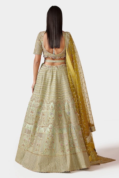 Shop Swati Narula Green Organza And Net French Knots, Resham, Rizqin Embroidered Bridal Lehenga Set at Aza Fashions Shop_Swati Narula_Green Organza And Net French Knots, Resham, Rizqin Embroidered Bridal Lehenga Set _at_Aza_Fashions