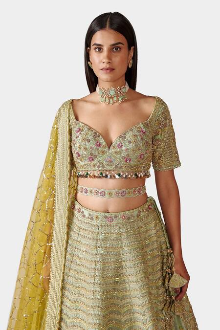 Buy Swati Narula Green Organza And Net French Knots, Resham, Rizqin Embroidered Bridal Lehenga Set Online at Aza Fashions Buy_Swati Narula_Green Organza And Net French Knots, Resham, Rizqin Embroidered Bridal Lehenga Set _Online_at_Aza_Fashions