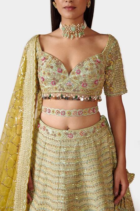 Shop Swati Narula Green Organza And Net French Knots, Resham, Rizqin Embroidered Bridal Lehenga Set Online at Aza Fashions Shop_Swati Narula_Green Organza And Net French Knots, Resham, Rizqin Embroidered Bridal Lehenga Set _Online_at_Aza_Fashions