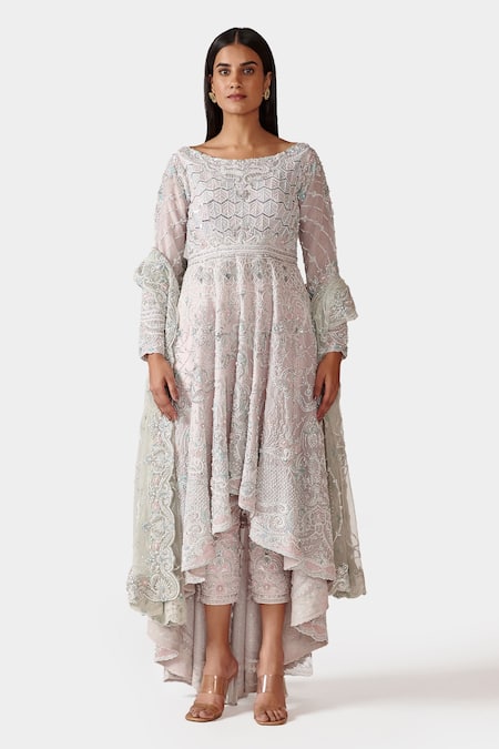 Swati Narula Ivory Organza And Dupion Dabka, Pitta & Zardozi Work Boat Sameeah Anarkali Set