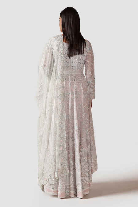 Shop Swati Narula Ivory Organza And Dupion Dabka, Pitta & Zardozi Work Boat Sameeah Anarkali Set at Aza Fashions Shop_Swati Narula_Ivory Organza And Dupion Dabka, Pitta & Zardozi Work Boat Sameeah Anarkali Set _at_Aza_Fashions