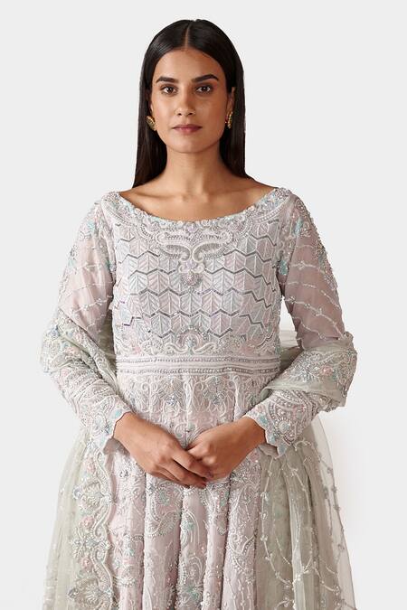 Shop Swati Narula Ivory Organza And Dupion Dabka, Pitta & Zardozi Work Boat Sameeah Anarkali Set Online at Aza Fashions Shop_Swati Narula_Ivory Organza And Dupion Dabka, Pitta & Zardozi Work Boat Sameeah Anarkali Set _Online_at_Aza_Fashions