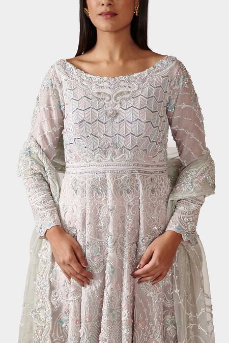 Swati Narula Ivory Organza And Dupion Dabka, Pitta & Zardozi Work Boat Sameeah Anarkali Set at Aza Fashions Swati Narula_Ivory Organza And Dupion Dabka, Pitta & Zardozi Work Boat Sameeah Anarkali Set _at_Aza_Fashions