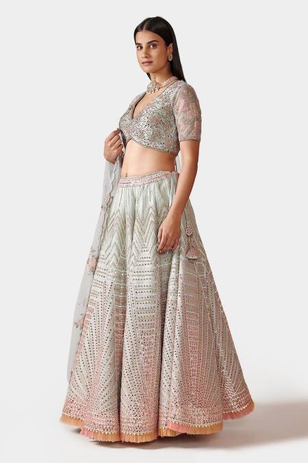 Swati Narula Sky Blue Dupatta Net, Lehenga And Blouse Mohsana Hand Embroidered Bridal Set Online at Aza Fashions Swati Narula_Sky Blue Dupatta Net, Lehenga And Blouse Mohsana Hand Embroidered Bridal Set _Online_at_Aza_Fashions